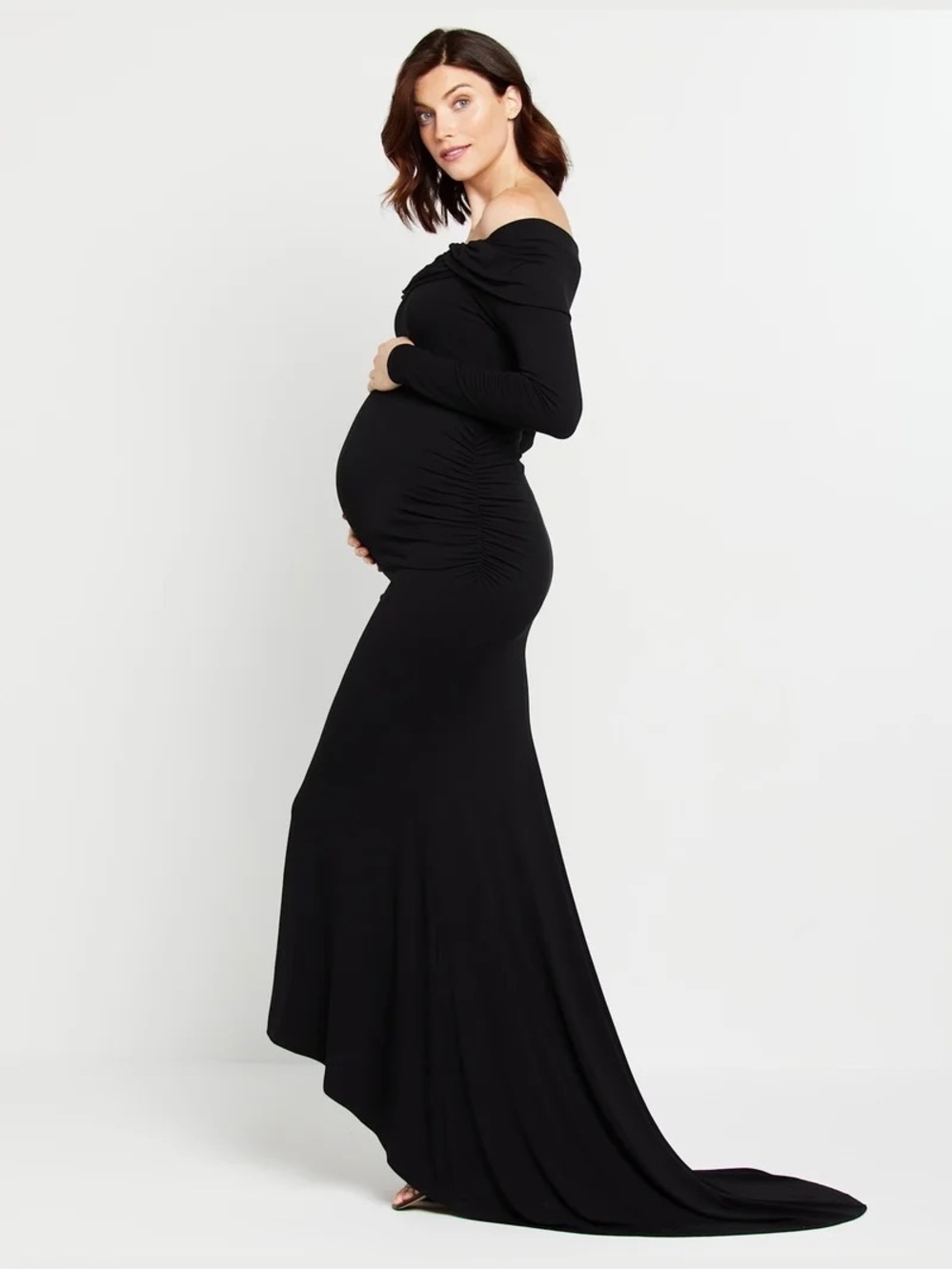 Motherhood Maternity Black Off-Shoulder Ruching Maxi Gown